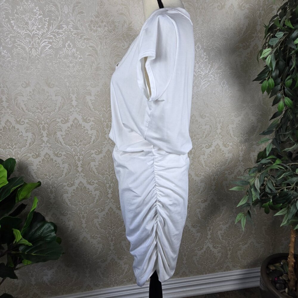 Athleta Size Large White T-Shirt Jersey Knit Dress Ruched Skirt Casual V-Neck - Picture 11 of 16
